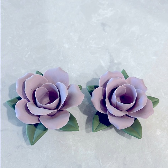 Vintage Enesco 1988 lavender & green colored porcelain rose candlestick holders - Picture 1 of 15